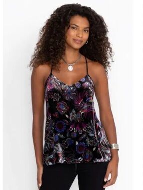 Johnny Was Anya Velvet Cami Tank‎ Black with Purple & Blue Flowers XS Bohemian